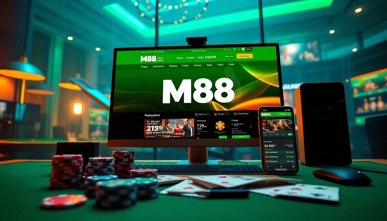 Vibrant online gambling setup showcasing m88.com.mx with casino elements and sports betting.