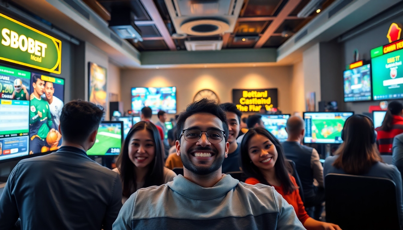 Dynamic group enjoying online bets at sbobet.dance with colorful gaming screens.