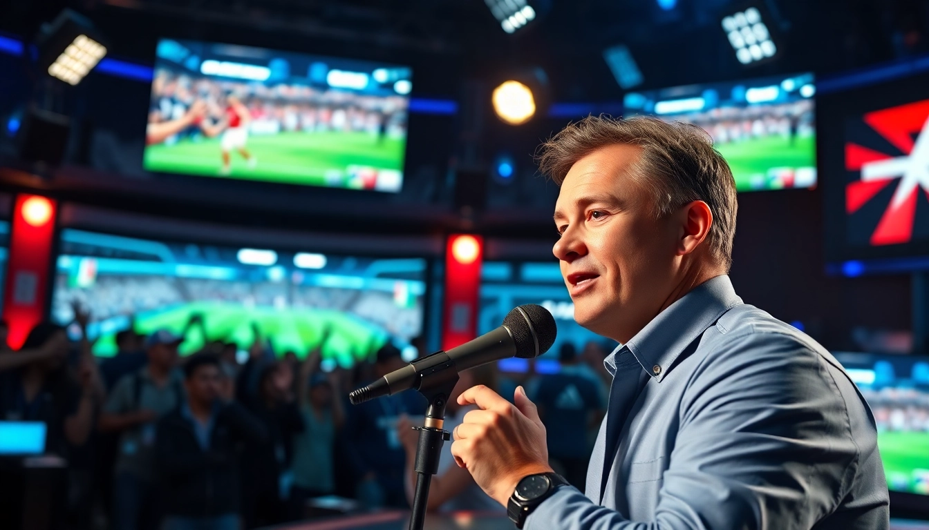 Dynamic scene of sports broadcasting featuring a sportscaster and multiple screens showing live events.