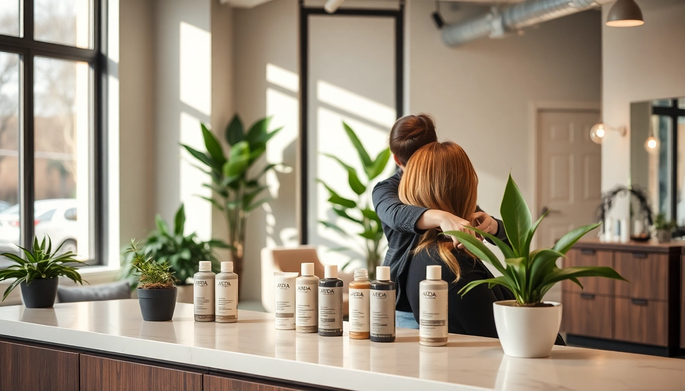 A stylist at addendum salon performing balayage in a serene, eco-friendly space.