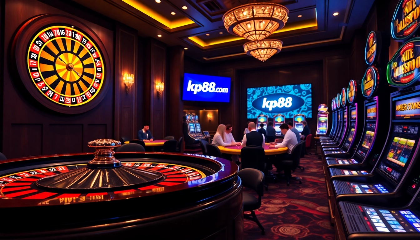 Experience thrilling gameplay at kp88.com with vibrant casino visuals showcasing roulette, poker, and slot machines.