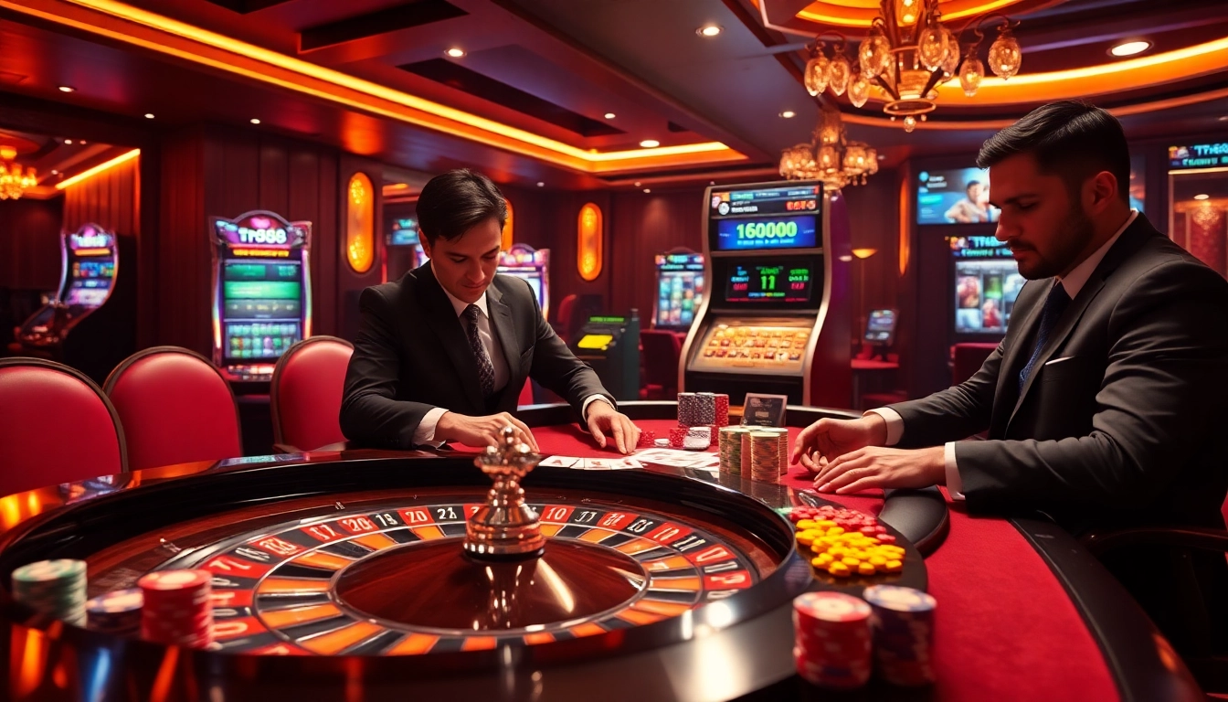 A thrilling casino scene showcasing professional gamblers at a roulette table, emphasizing tr88 link for online betting excitement.