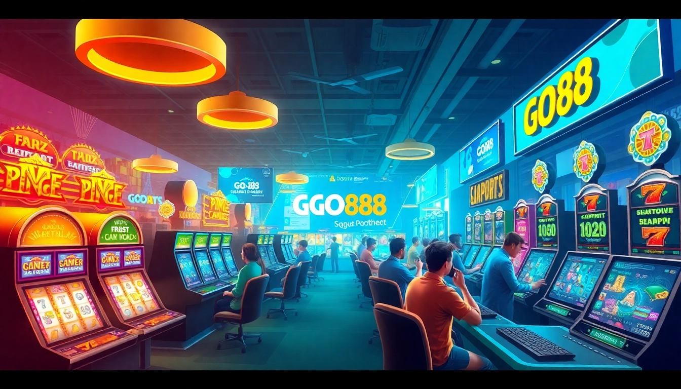 Exciting gaming scene featuring diverse GO88 games at dittytalk.com, showcasing vibrant jackpots and player interactions.