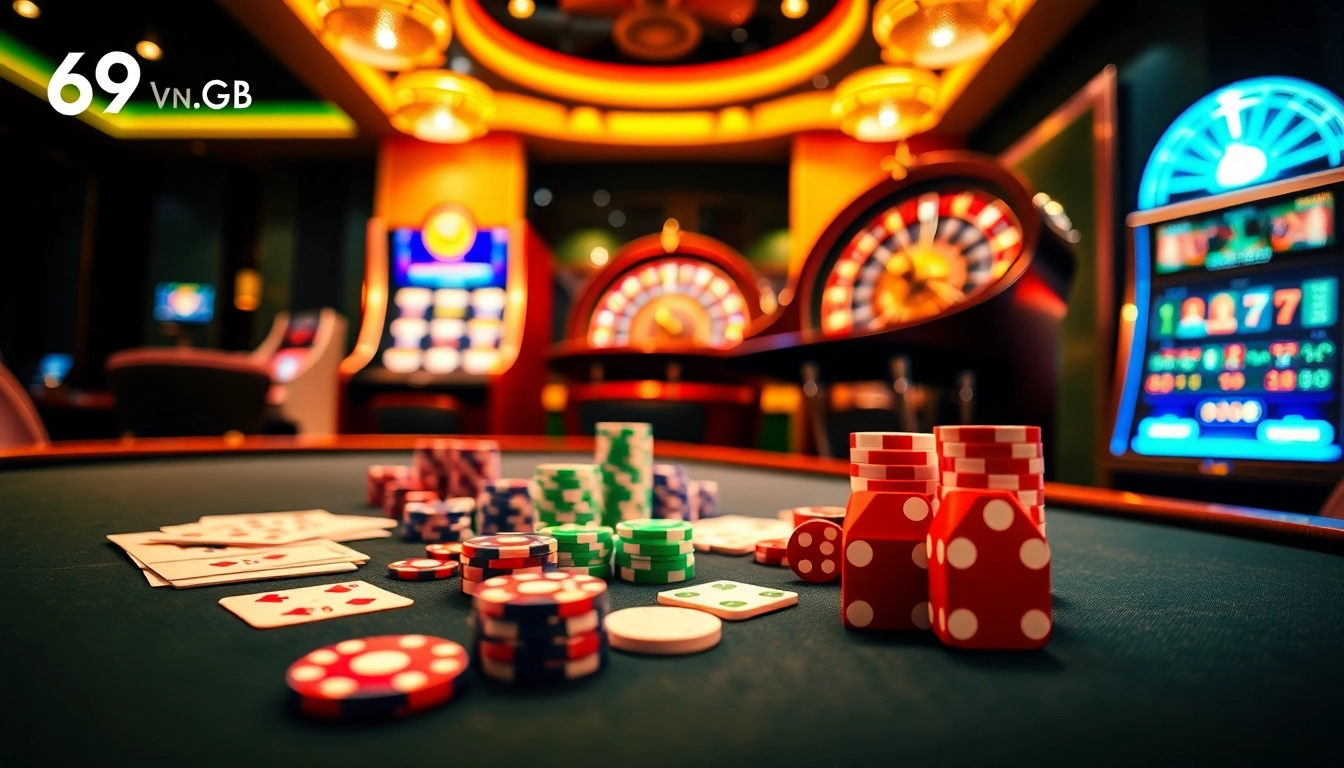 An exciting casino scene featuring poker chips and a roulette wheel, promoting 69vn.gb.net for online betting experiences.